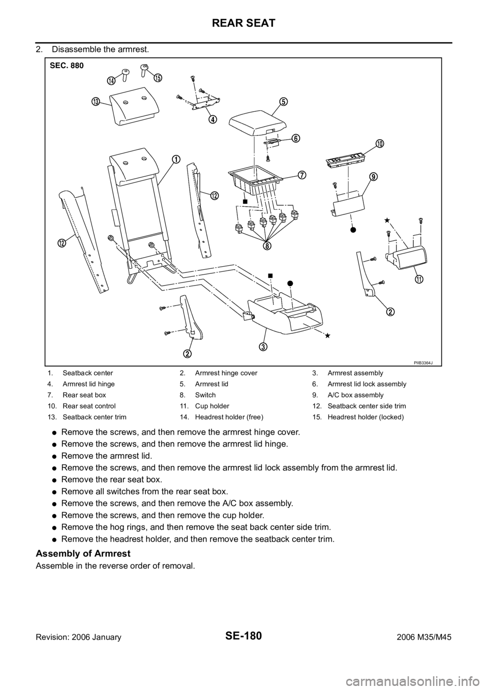 INFINITI M35 2006 Factory User Guide SE-180
REAR SEAT
Revision: 2006 January2006 M35/M45
2. Disassemble the armrest.
Remove the screws, and then remove the armrest hinge cover.
Remove the screws, and then remove the armrest lid hinge.
Re INFINITI M35 2006 Factory User Guide SE-180
REAR SEAT
Revision: 2006 January2006 M35/M45
2. Disassemble the armrest.
Remove the screws, and then remove the armrest hinge cover.
Remove the screws, and then remove the armrest lid hinge.
Re