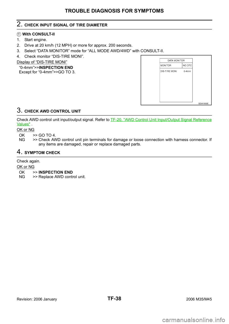 INFINITI M35 2006 Factory Service Manual TF-38
TROUBLE DIAGNOSIS FOR SYMPTOMS
Revision: 2006 January2006 M35/M45
2. CHECK INPUT SIGNAL OF TIRE DIAMETER
With CONSULT-II
1. Start engine.
2. Drive at 20 km/h (12 MPH) or more for approx. 200 se INFINITI M35 2006 Factory Service Manual TF-38
TROUBLE DIAGNOSIS FOR SYMPTOMS
Revision: 2006 January2006 M35/M45
2. CHECK INPUT SIGNAL OF TIRE DIAMETER
With CONSULT-II
1. Start engine.
2. Drive at 20 km/h (12 MPH) or more for approx. 200 se