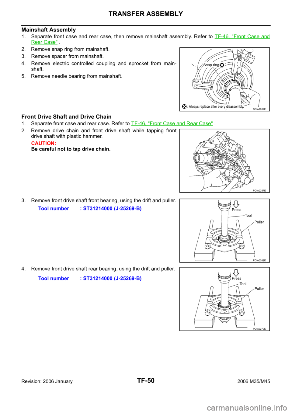 INFINITI M35 2006 Factory Service Manual TF-50
TRANSFER ASSEMBLY
Revision: 2006 January2006 M35/M45
Mainshaft Assembly
1. Separate front case and rear case, then remove mainshaft assembly. Refer to TF-46, "Front Case and
Re INFINITI M35 2006 Factory Service Manual TF-50
TRANSFER ASSEMBLY
Revision: 2006 January2006 M35/M45
Mainshaft Assembly
1. Separate front case and rear case, then remove mainshaft assembly. Refer to TF-46, "Front Case and
Re
