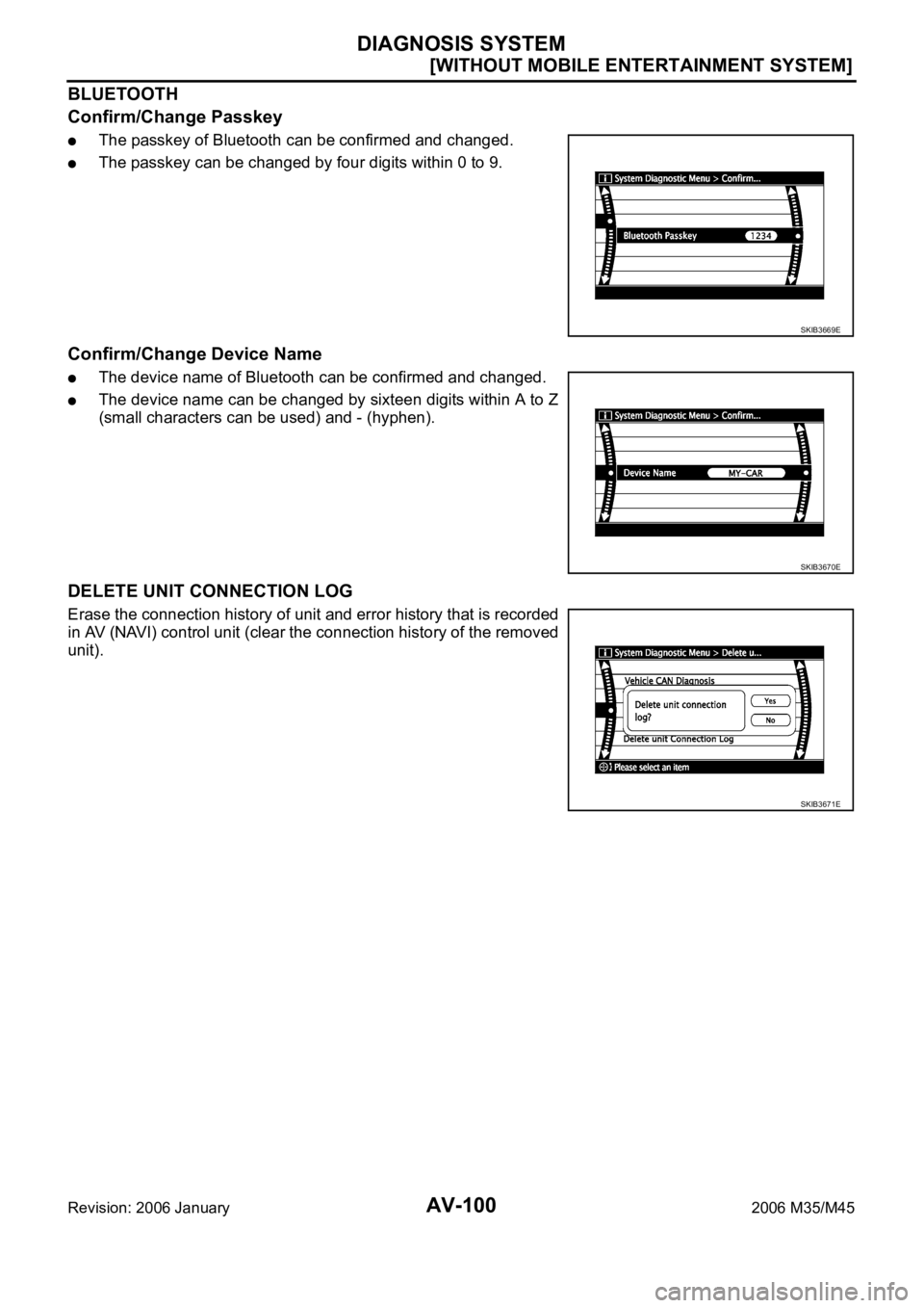 INFINITI M35 2006  Factory Service Manual AV-100
[WITHOUT MOBILE ENTERTAINMENT SYSTEM]
DIAGNOSIS SYSTEM
Revision: 2006 January2006 M35/M45
BLUETOOTH
Confirm/Change Passkey
The passkey of Bluetooth can be confirmed and changed.
The passkey can
