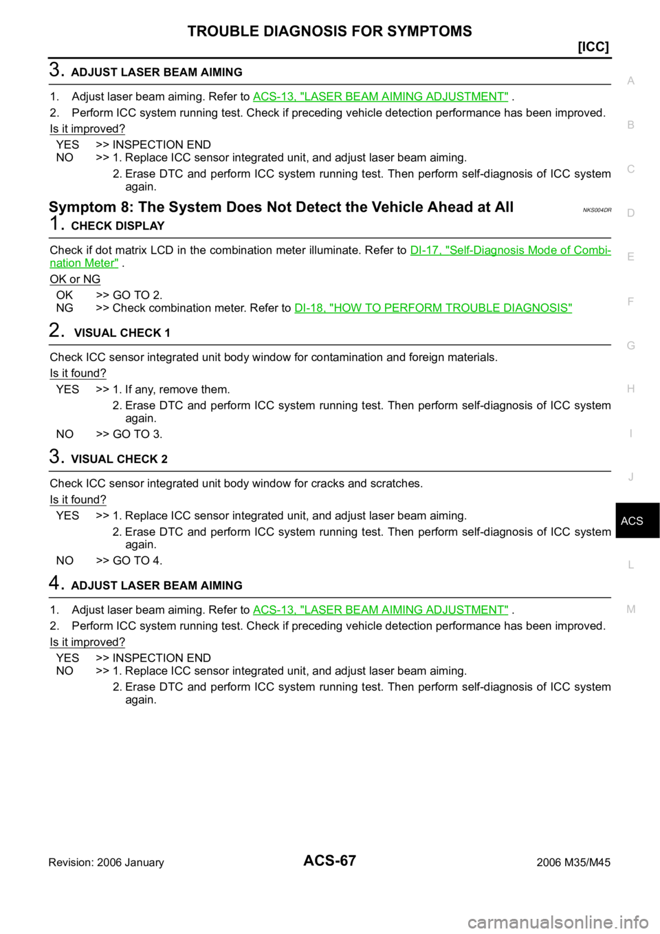INFINITI M35 2006  Factory Service Manual TROUBLE DIAGNOSIS FOR SYMPTOMS
ACS-67
[ICC]
C
D
E
F
G
H
I
J
L
MA
B
ACS
Revision: 2006 January2006 M35/M45
3. ADJUST LASER BEAM AIMING 
1. Adjust laser beam aiming. Refer to ACS-13, "
LASER BEAM AI