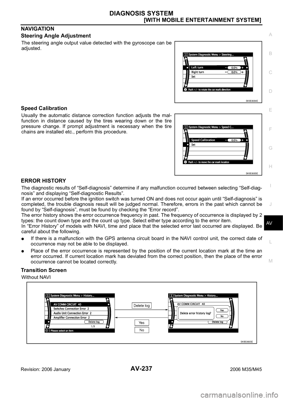 INFINITI M35 2006  Factory Service Manual DIAGNOSIS SYSTEM
AV-237
[WITH MOBILE ENTERTAINMENT SYSTEM]
C
D
E
F
G
H
I
J
L
MA
B
AV
Revision: 2006 January2006 M35/M45
NAVIGATION
Steering Angle Adjustment
The steering angle output value detected wi