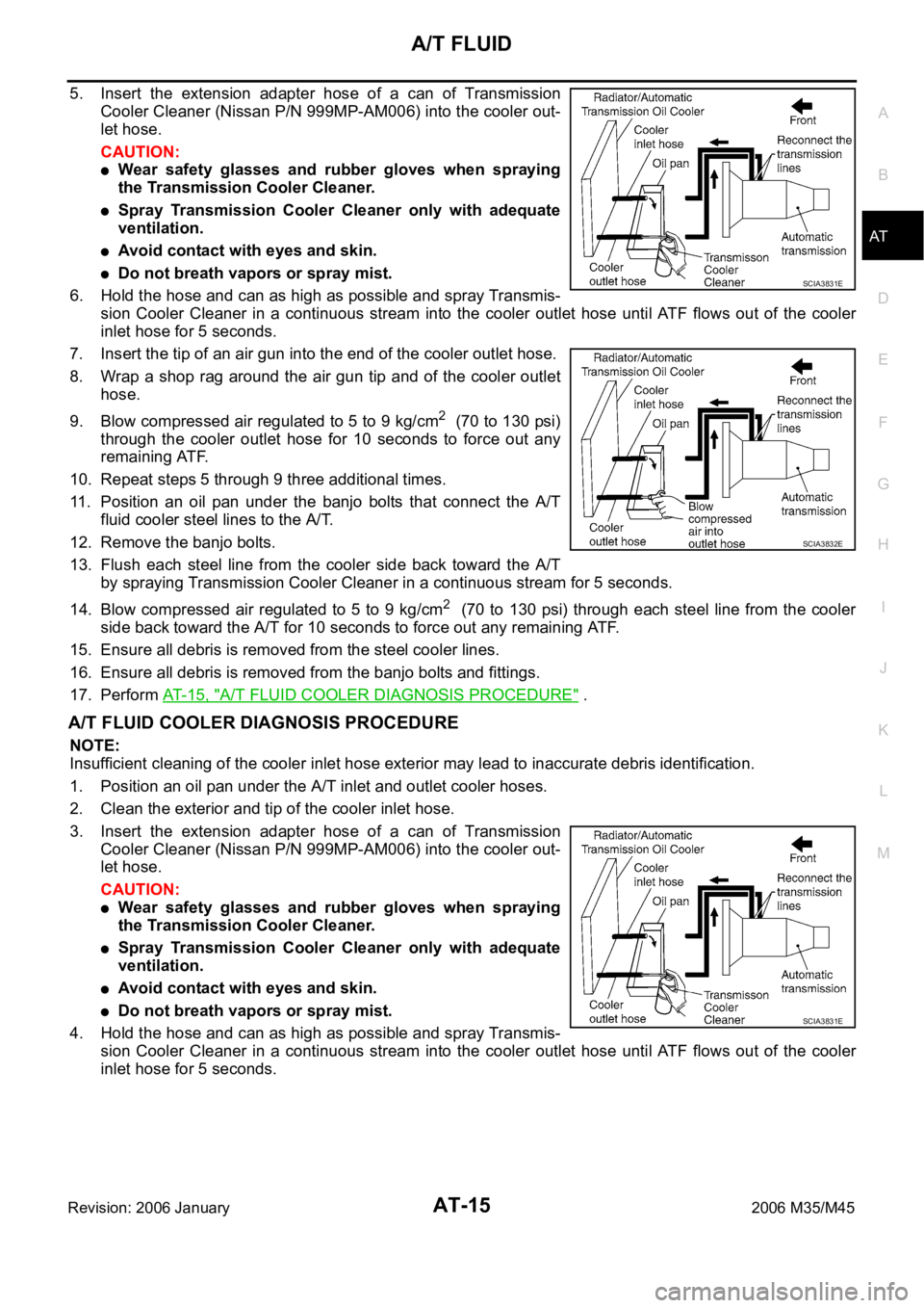 INFINITI M35 2006 Factory Service Manual A/T FLUID
AT-15
D
E
F
G
H
I
J
K
L
MA
B
AT
Revision: 2006 January2006 M35/M45
5. Insert the extension adapter hose of a can of Transmission
Cooler Cleaner (Nissan P/N 999MP-AM006) into the coo INFINITI M35 2006 Factory Service Manual A/T FLUID
AT-15
D
E
F
G
H
I
J
K
L
MA
B
AT
Revision: 2006 January2006 M35/M45
5. Insert the extension adapter hose of a can of Transmission
Cooler Cleaner (Nissan P/N 999MP-AM006) into the coo