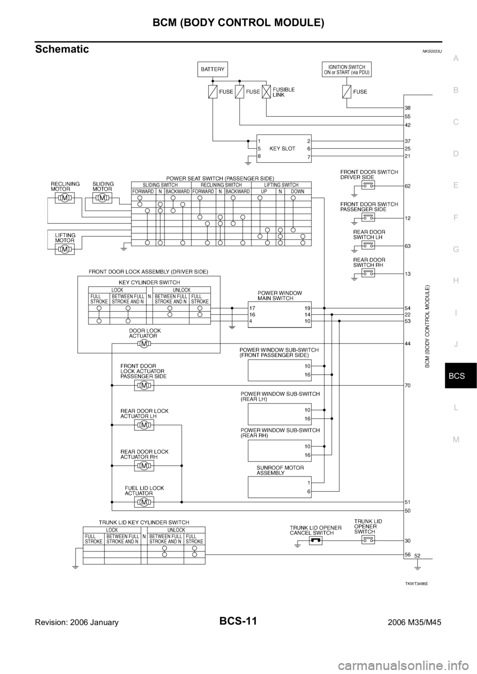 INFINITI M35 2006 Factory Owners Manual BCM (BODY CONTROL MODULE)
BCS-11
C
D
E
F
G
H
I
J
L
MA
B
BCS
Revision: 2006 January2006 M35/M45
SchematicNKS003XJ
TKWT3486E INFINITI M35 2006 Factory Owners Manual BCM (BODY CONTROL MODULE)
BCS-11
C
D
E
F
G
H
I
J
L
MA
B
BCS
Revision: 2006 January2006 M35/M45
SchematicNKS003XJ
TKWT3486E
