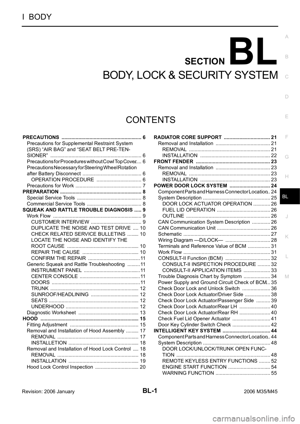 INFINITI M35 2006  Factory Service Manual BL-1
BODY, LOCK & SECURITY SYSTEM
I  BODY
CONTENTS
C
D
E
F
G
H
J
K
L
M
SECTION BL
A
B
BL
Revision: 2006 January2006 M35/M45
BODY, LOCK & SECURITY SYSTEM
PRECAUTIONS  ..................................