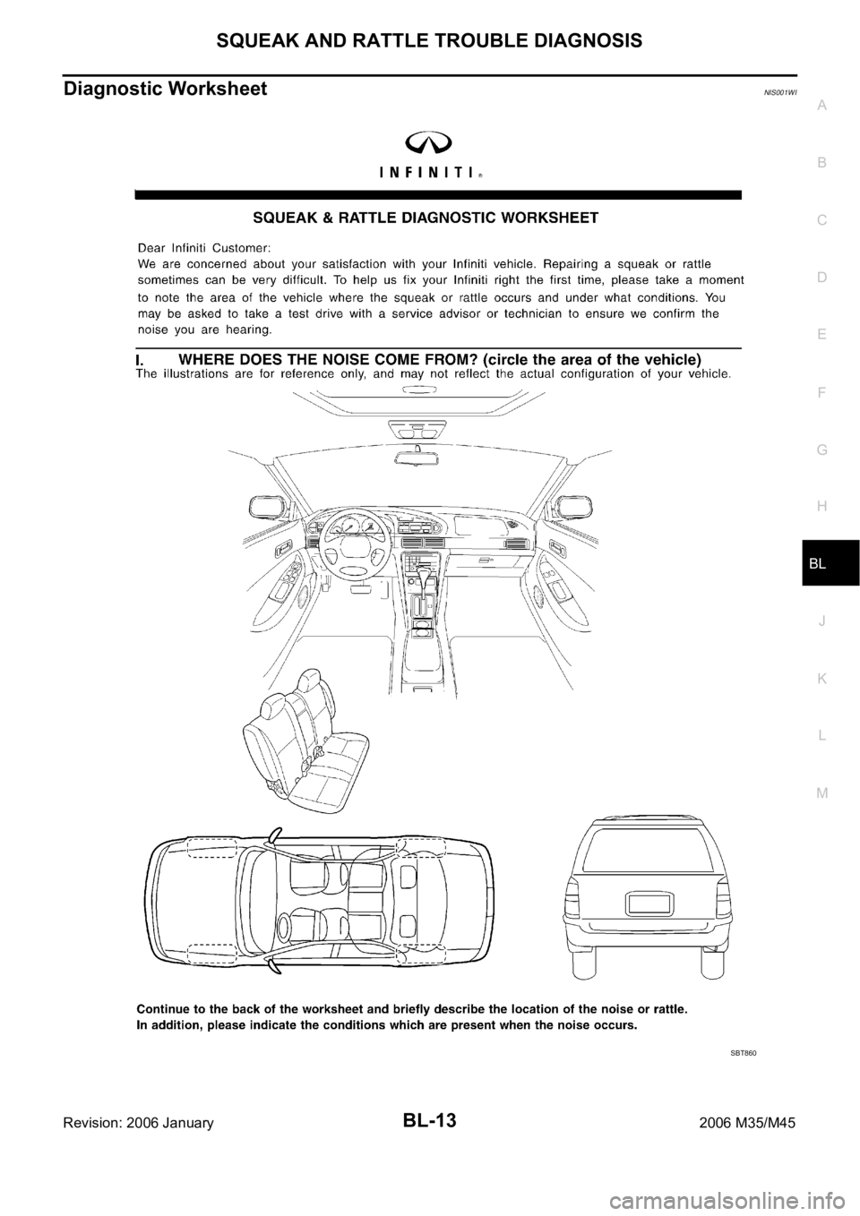 INFINITI M35 2006 Factory Service Manual SQUEAK AND RATTLE TROUBLE DIAGNOSIS
BL-13
C
D
E
F
G
H
J
K
L
MA
B
BL
Revision: 2006 January2006 M35/M45
Diagnostic WorksheetNIS001WI
SBT860 INFINITI M35 2006 Factory Service Manual SQUEAK AND RATTLE TROUBLE DIAGNOSIS
BL-13
C
D
E
F
G
H
J
K
L
MA
B
BL
Revision: 2006 January2006 M35/M45
Diagnostic WorksheetNIS001WI
SBT860