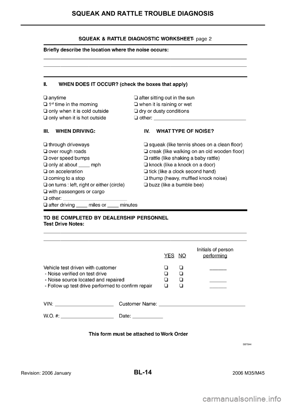 INFINITI M35 2006 Factory Service Manual BL-14
SQUEAK AND RATTLE TROUBLE DIAGNOSIS
Revision: 2006 January2006 M35/M45
SBT844 INFINITI M35 2006 Factory Service Manual BL-14
SQUEAK AND RATTLE TROUBLE DIAGNOSIS
Revision: 2006 January2006 M35/M45
SBT844