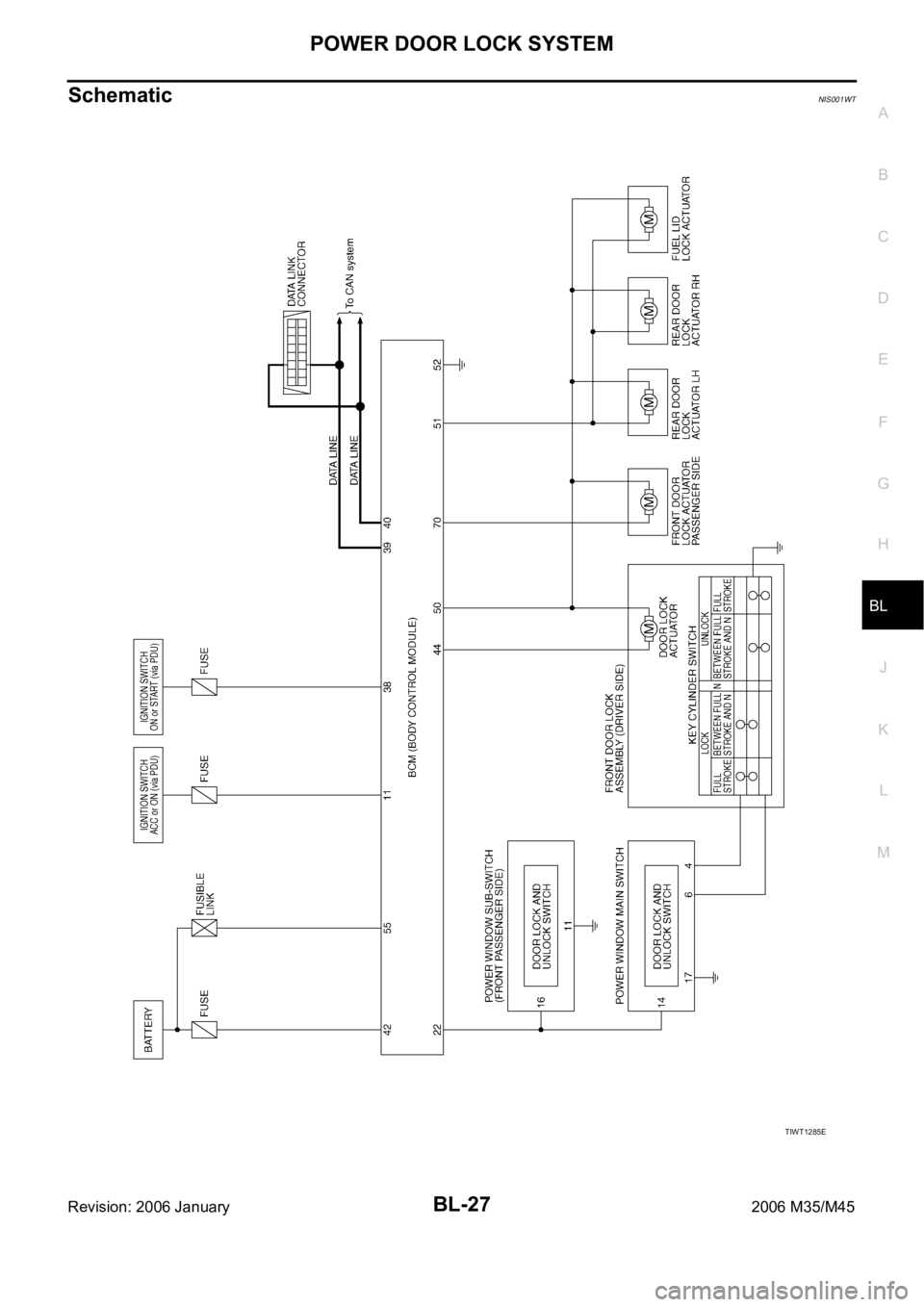 INFINITI M35 2006 Factory Service Manual POWER DOOR LOCK SYSTEM
BL-27
C
D
E
F
G
H
J
K
L
MA
B
BL
Revision: 2006 January2006 M35/M45
SchematicNIS001WT
TIWT1285E INFINITI M35 2006 Factory Service Manual POWER DOOR LOCK SYSTEM
BL-27
C
D
E
F
G
H
J
K
L
MA
B
BL
Revision: 2006 January2006 M35/M45
SchematicNIS001WT
TIWT1285E