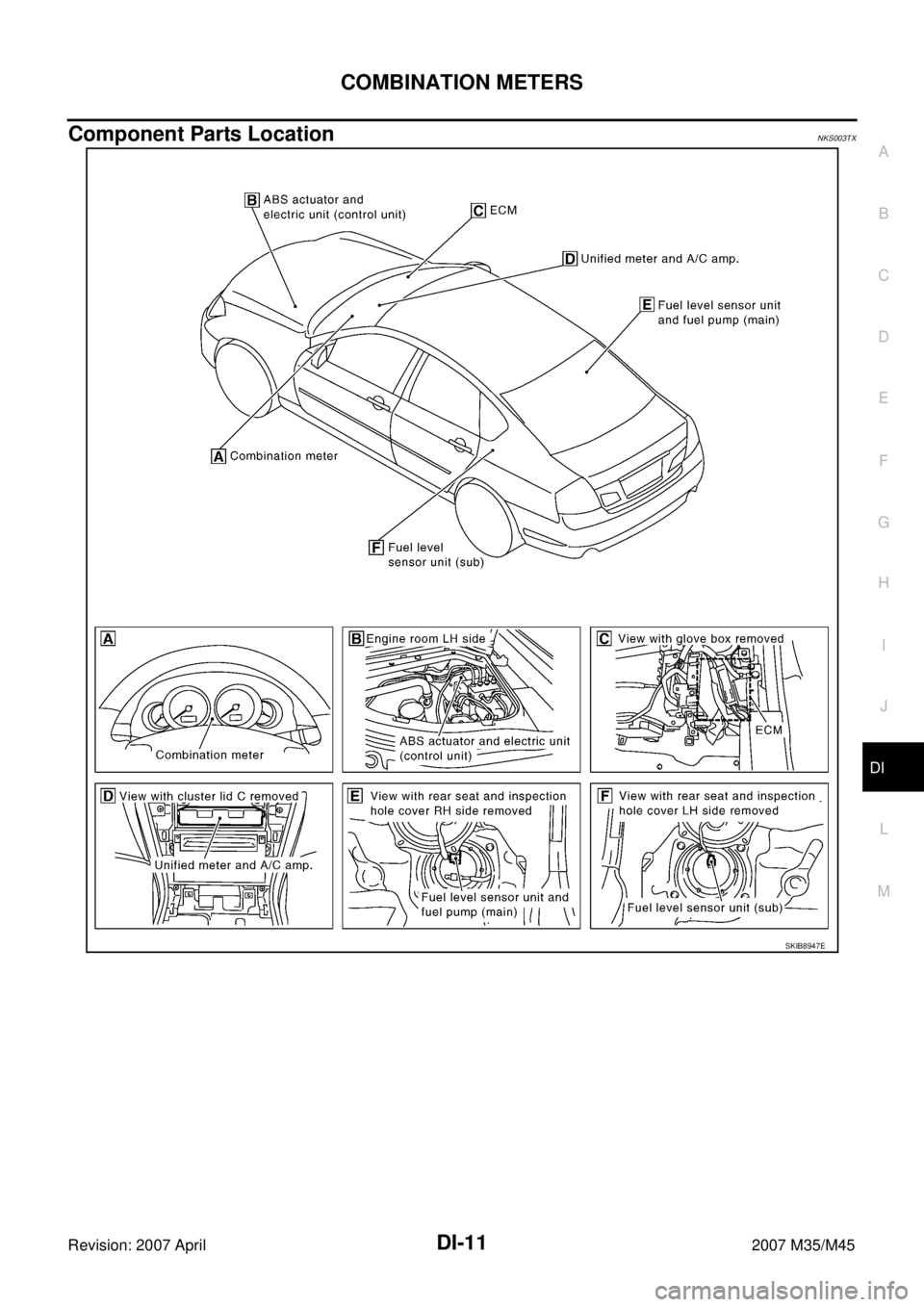 INFINITI M35 2007  Factory Service Manual COMBINATION METERS
DI-11
C
D
E
F
G
H
I
J
L
MA
B
DI
Revision: 2007 April2007 M35/M45
Component Parts LocationNKS003TX
SKIB8947E 