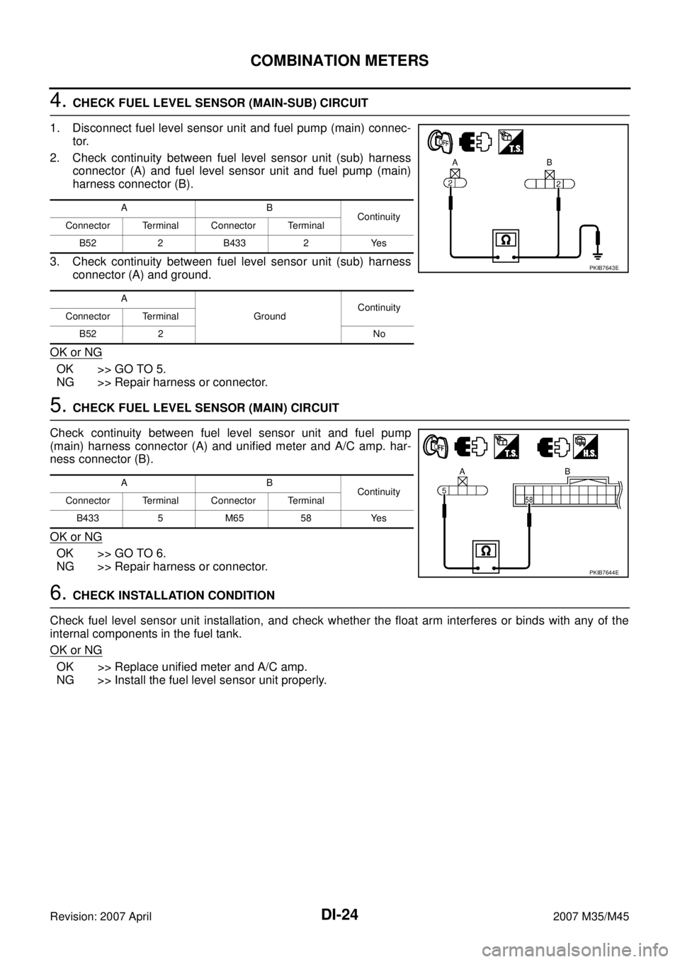 INFINITI M35 2007  Factory Service Manual DI-24
COMBINATION METERS
Revision: 2007 April2007 M35/M45
4. CHECK FUEL LEVEL SENSOR (MAIN-SUB) CIRCUIT
1. Disconnect fuel level sensor unit and fuel pump (main) connec-
tor.
2. Check continuity betwe