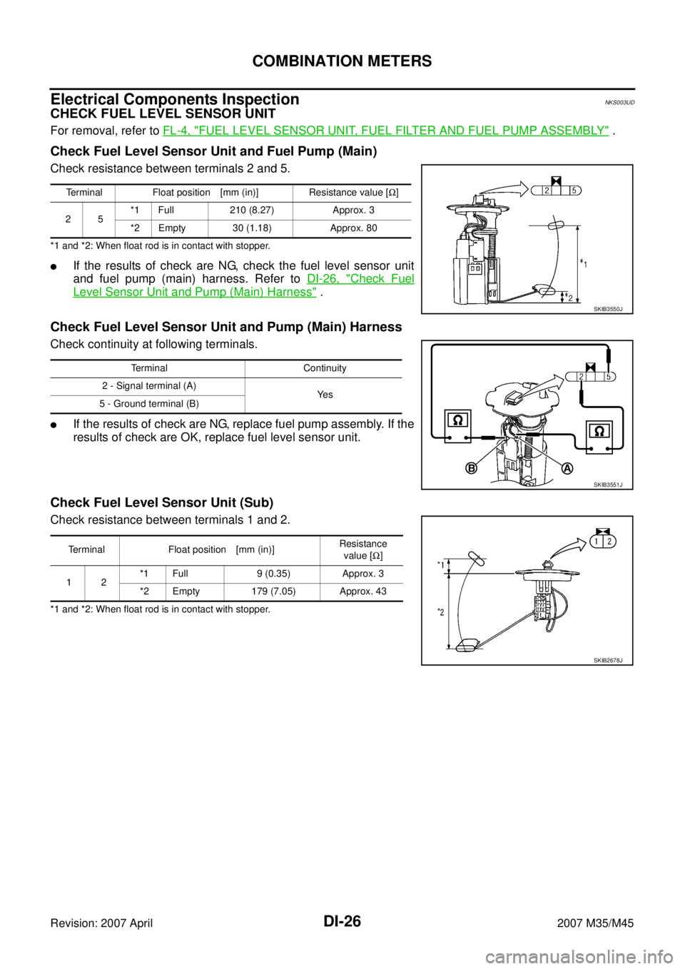 INFINITI M35 2007 Factory Service Manual DI-26
COMBINATION METERS
Revision: 2007 April2007 M35/M45
Electrical Components InspectionNKS003UD
CHECK FUEL LEVEL SENSOR UNIT
For removal, refer to FL-4, "FUEL LEVEL SENSOR UNIT, FUEL FILTER AND FUE INFINITI M35 2007 Factory Service Manual DI-26
COMBINATION METERS
Revision: 2007 April2007 M35/M45
Electrical Components InspectionNKS003UD
CHECK FUEL LEVEL SENSOR UNIT
For removal, refer to FL-4, "FUEL LEVEL SENSOR UNIT, FUEL FILTER AND FUE