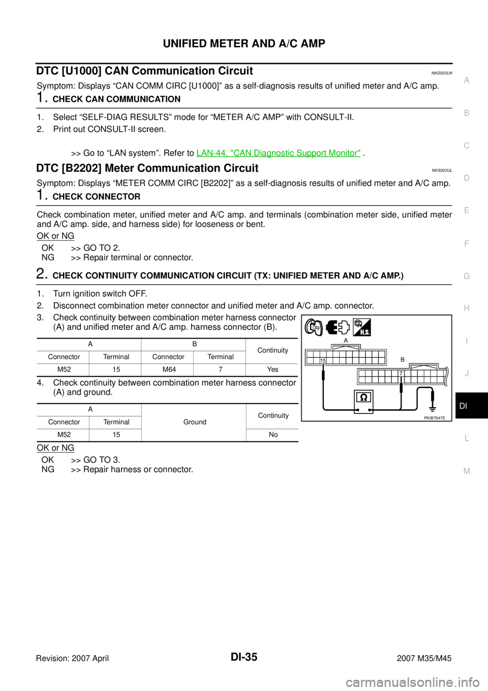 INFINITI M35 2007  Factory Service Manual UNIFIED METER AND A/C AMP
DI-35
C
D
E
F
G
H
I
J
L
MA
B
DI
Revision: 2007 April2007 M35/M45
DTC [U1000] CAN Communication CircuitNKS003UK
Symptom: Displays “CAN COMM CIRC [U1000]” as a self-diagnos