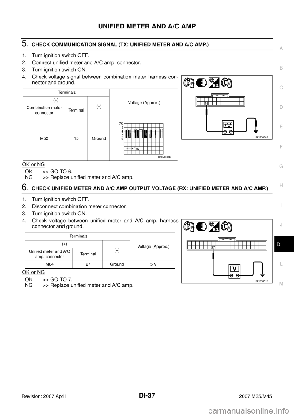 INFINITI M35 2007 Factory Service Manual UNIFIED METER AND A/C AMP
DI-37
C
D
E
F
G
H
I
J
L
MA
B
DI
Revision: 2007 April2007 M35/M45
5. CHECK COMMUNICATION SIGNAL (TX: UNIFIED METER AND A/C AMP.)
1. Turn ignition switch OFF.
2. Connect unifie INFINITI M35 2007 Factory Service Manual UNIFIED METER AND A/C AMP
DI-37
C
D
E
F
G
H
I
J
L
MA
B
DI
Revision: 2007 April2007 M35/M45
5. CHECK COMMUNICATION SIGNAL (TX: UNIFIED METER AND A/C AMP.)
1. Turn ignition switch OFF.
2. Connect unifie