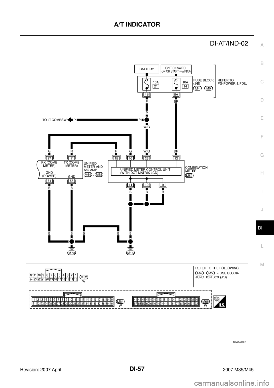 INFINITI M35 2007  Factory Service Manual A/T INDICATOR
DI-57
C
D
E
F
G
H
I
J
L
MA
B
DI
Revision: 2007 April2007 M35/M45
TKWT4892E 