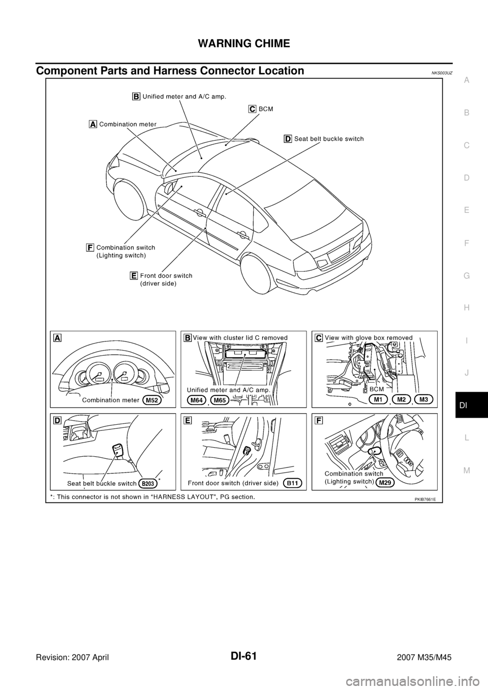 INFINITI M35 2007  Factory Service Manual WARNING CHIME
DI-61
C
D
E
F
G
H
I
J
L
MA
B
DI
Revision: 2007 April2007 M35/M45
Component Parts and Harness Connector LocationNKS003UZ
PKIB7661E 