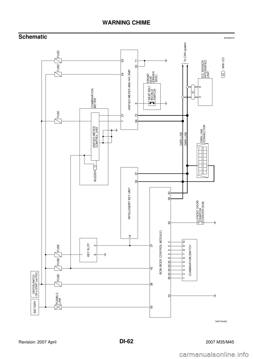 INFINITI M35 2007  Factory Service Manual DI-62
WARNING CHIME
Revision: 2007 April2007 M35/M45
SchematicNKS003V0
TKWT3440E 