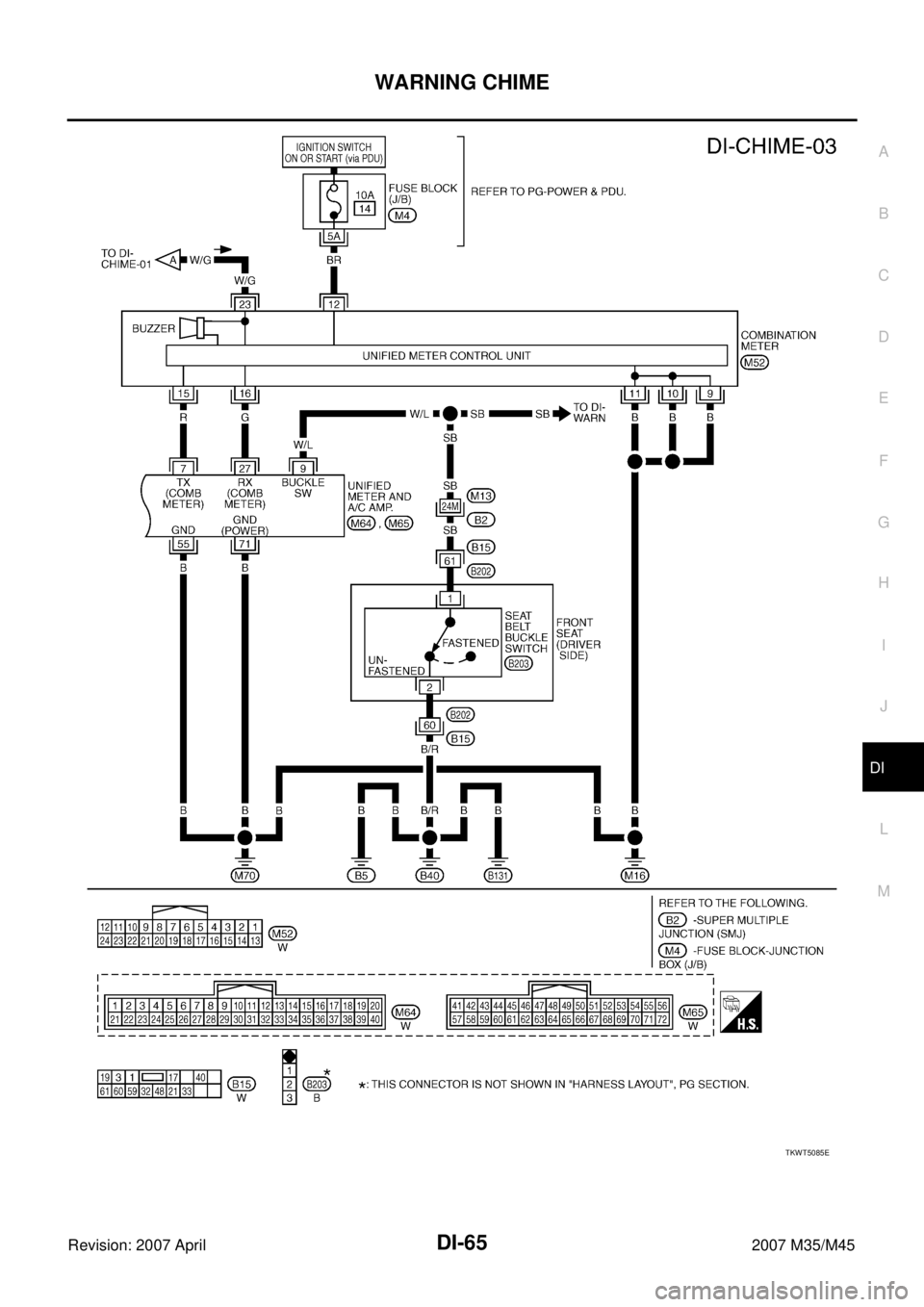 INFINITI M35 2007  Factory Service Manual WARNING CHIME
DI-65
C
D
E
F
G
H
I
J
L
MA
B
DI
Revision: 2007 April2007 M35/M45
TKWT5085E 