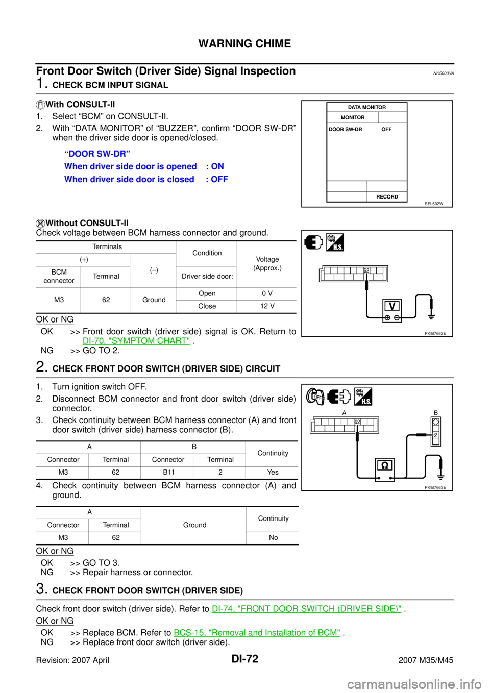 INFINITI M35 2007 Factory Service Manual DI-72
WARNING CHIME
Revision: 2007 April2007 M35/M45
Front Door Switch (Driver Side) Signal InspectionNKS003VA
1. CHECK BCM INPUT SIGNAL
With CONSULT-ll
1. Select “BCM” on CONSULT-II.
2. With “D INFINITI M35 2007 Factory Service Manual DI-72
WARNING CHIME
Revision: 2007 April2007 M35/M45
Front Door Switch (Driver Side) Signal InspectionNKS003VA
1. CHECK BCM INPUT SIGNAL
With CONSULT-ll
1. Select “BCM” on CONSULT-II.
2. With “D