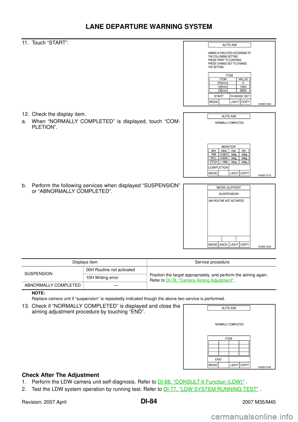 INFINITI M35 2007  Factory Service Manual DI-84
LANE DEPARTURE WARNING SYSTEM
Revision: 2007 April2007 M35/M45
11. Touch “START”.
12. Check the display item.
a. When “NORMALLY COMPLETED” is displayed, touch “COM-
PLETION”.
b. Perf