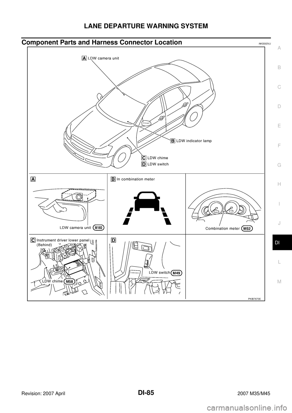 INFINITI M35 2007  Factory Service Manual LANE DEPARTURE WARNING SYSTEM
DI-85
C
D
E
F
G
H
I
J
L
MA
B
DI
Revision: 2007 April2007 M35/M45
Component Parts and Harness Connector LocationNKS003VJ
PKIB7670E 