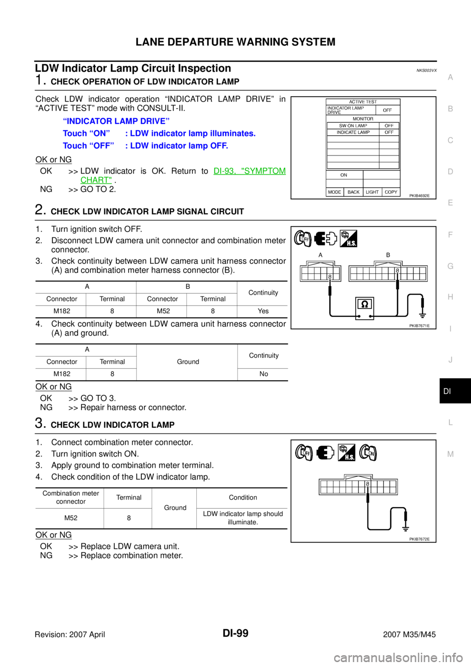INFINITI M35 2007 Factory Service Manual LANE DEPARTURE WARNING SYSTEM
DI-99
C
D
E
F
G
H
I
J
L
MA
B
DI
Revision: 2007 April2007 M35/M45
LDW Indicator Lamp Circuit InspectionNKS003VX
1. CHECK OPERATION OF LDW INDICATOR LAMP
Check LDW indicato INFINITI M35 2007 Factory Service Manual LANE DEPARTURE WARNING SYSTEM
DI-99
C
D
E
F
G
H
I
J
L
MA
B
DI
Revision: 2007 April2007 M35/M45
LDW Indicator Lamp Circuit InspectionNKS003VX
1. CHECK OPERATION OF LDW INDICATOR LAMP
Check LDW indicato