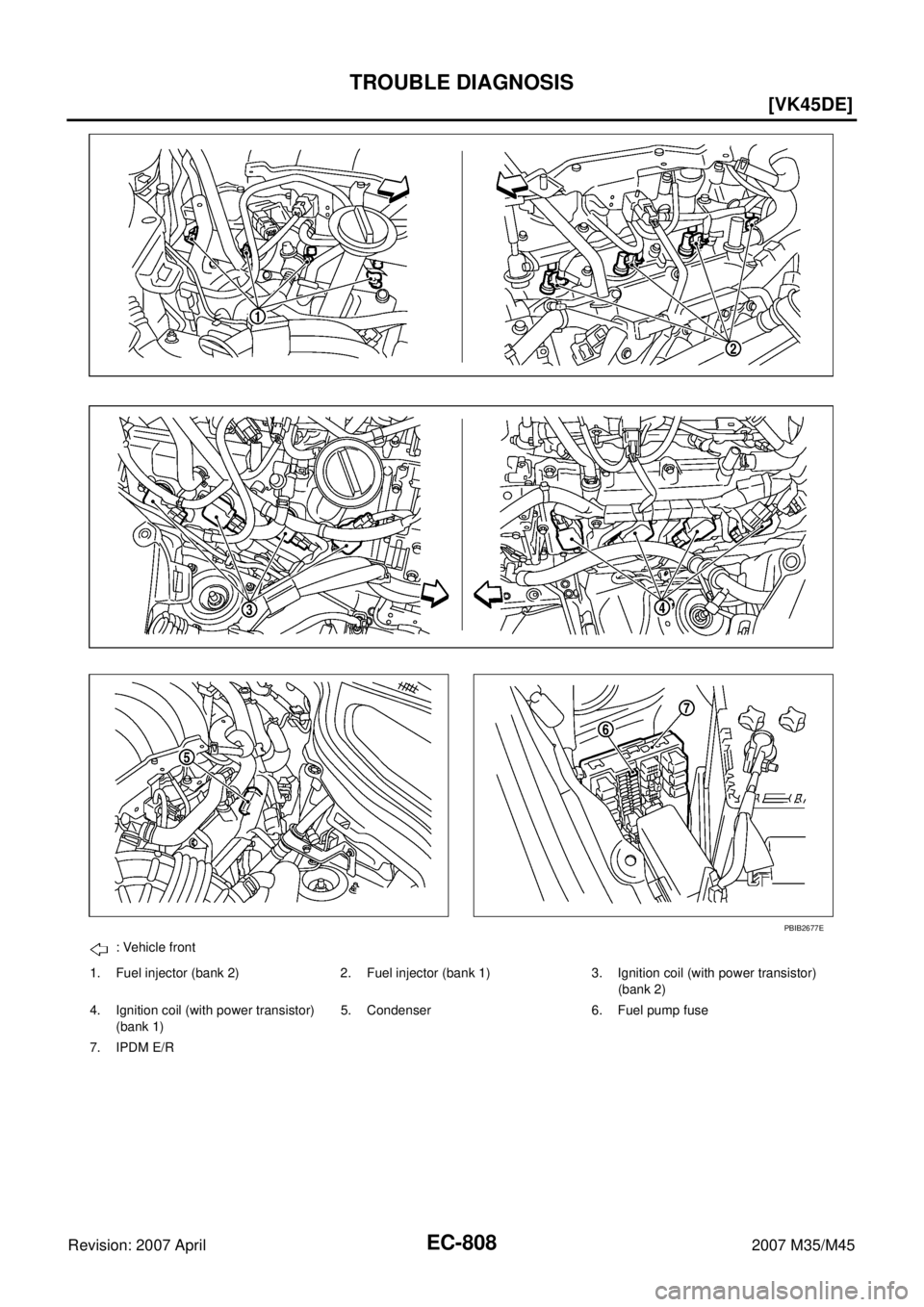 INFINITI M35 2007  Factory Service Manual EC-808
[VK45DE]
TROUBLE DIAGNOSIS
Revision: 2007 April2007 M35/M45
: Vehicle front
1. Fuel injector (bank 2) 2. Fuel injector (bank 1) 3. Ignition coil (with power transistor) 
(bank 2)
4. Ignition co