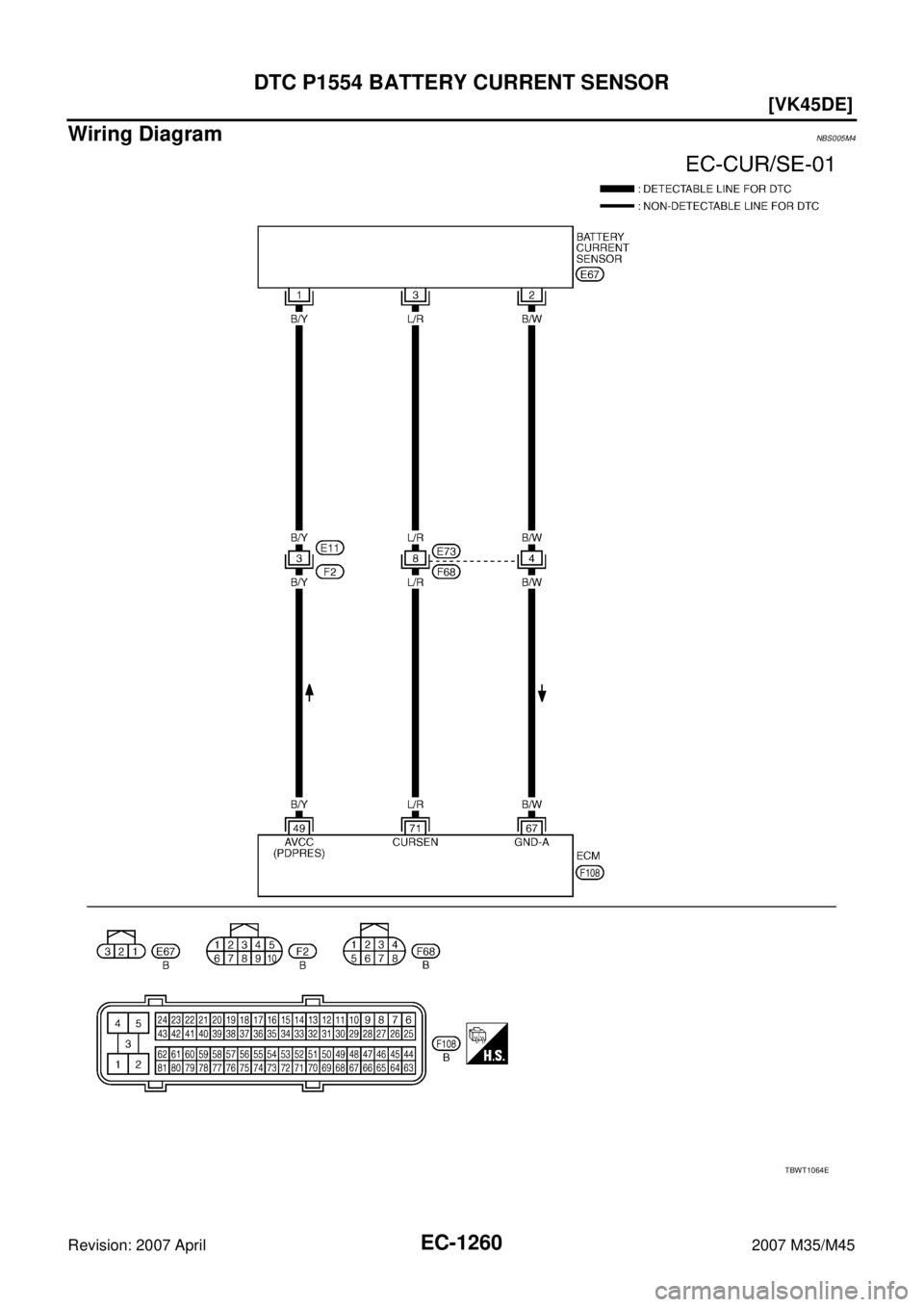 INFINITI M35 2007  Factory Service Manual EC-1260
[VK45DE]
DTC P1554 BATTERY CURRENT SENSOR
Revision: 2007 April2007 M35/M45
Wiring DiagramNBS005M4
TBWT1064E 
