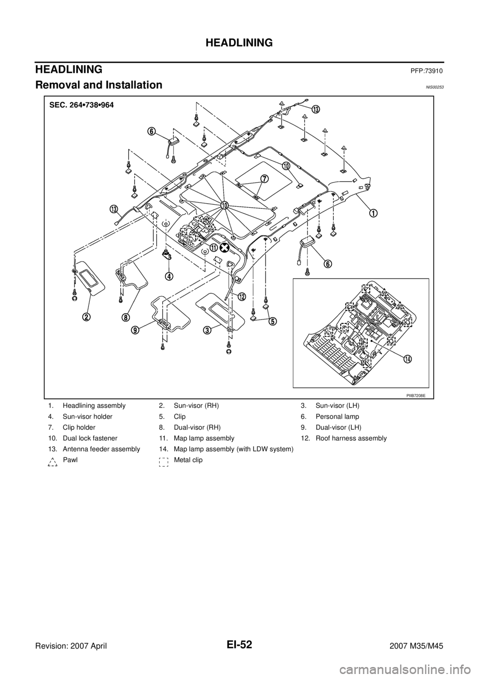 INFINITI M35 2007  Factory Service Manual EI-52
HEADLINING
Revision: 2007 April2007 M35/M45
HEADLININGPFP:73910
Removal and InstallationNIS00253
1. Headlining assembly 2. Sun-visor (RH) 3. Sun-visor (LH)
4. Sun-visor holder 5. Clip 6. Persona