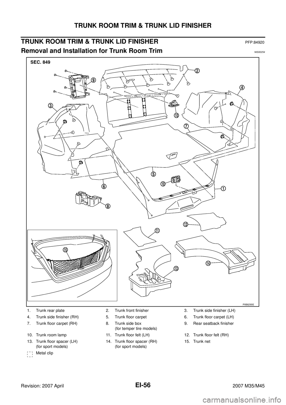 INFINITI M35 2007 Factory Manual Online EI-56
TRUNK ROOM TRIM & TRUNK LID FINISHER
Revision: 2007 April2007 M35/M45
TRUNK ROOM TRIM & TRUNK LID FINISHERPFP:84920
Removal and Installation for Trunk Room TrimNIS00254
1. Trunk rear plate 2. Tr INFINITI M35 2007 Factory Manual Online EI-56
TRUNK ROOM TRIM & TRUNK LID FINISHER
Revision: 2007 April2007 M35/M45
TRUNK ROOM TRIM & TRUNK LID FINISHERPFP:84920
Removal and Installation for Trunk Room TrimNIS00254
1. Trunk rear plate 2. Tr