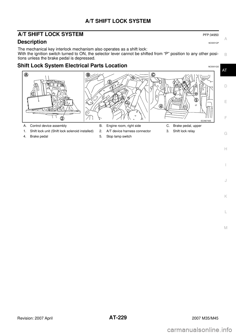 INFINITI M35 2007 Factory Owners Manual A/T SHIFT LOCK SYSTEM
AT-229
D
E
F
G
H
I
J
K
L
MA
B
AT
Revision: 2007 April2007 M35/M45
A/T SHIFT LOCK SYSTEMPFP:34950
DescriptionNCS001QP
The mechanical key interlock mechanism also operates as a shi INFINITI M35 2007 Factory Owners Manual A/T SHIFT LOCK SYSTEM
AT-229
D
E
F
G
H
I
J
K
L
MA
B
AT
Revision: 2007 April2007 M35/M45
A/T SHIFT LOCK SYSTEMPFP:34950
DescriptionNCS001QP
The mechanical key interlock mechanism also operates as a shi