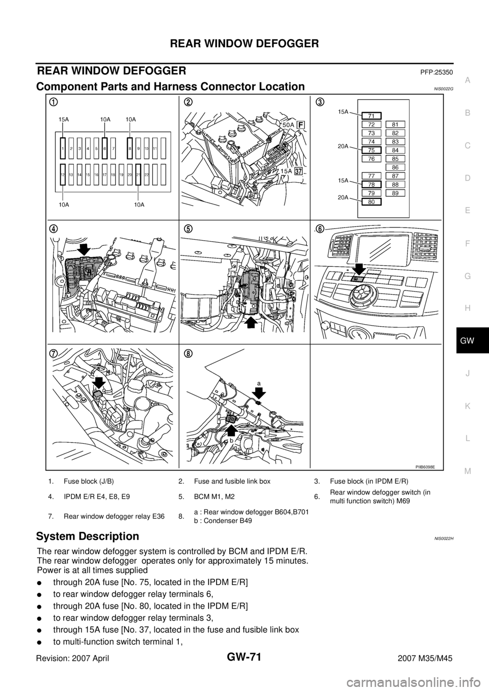 INFINITI M35 2007  Factory Service Manual REAR WINDOW DEFOGGER
GW-71
C
D
E
F
G
H
J
K
L
MA
B
GW
Revision: 2007 April2007 M35/M45
REAR WINDOW DEFOGGERPFP:25350
Component Parts and Harness Connector LocationNIS0022G
System DescriptionNIS0022H
Th