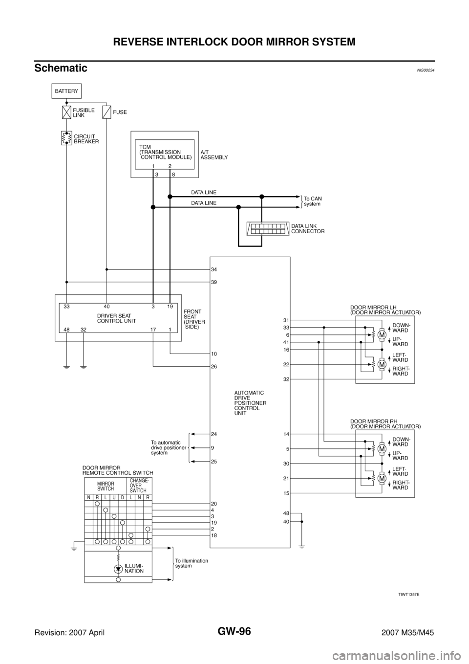 INFINITI M35 2007 Factory Service Manual GW-96
REVERSE INTERLOCK DOOR MIRROR SYSTEM
Revision: 2007 April2007 M35/M45
SchematicNIS00234
TIWT1357E INFINITI M35 2007 Factory Service Manual GW-96
REVERSE INTERLOCK DOOR MIRROR SYSTEM
Revision: 2007 April2007 M35/M45
SchematicNIS00234
TIWT1357E