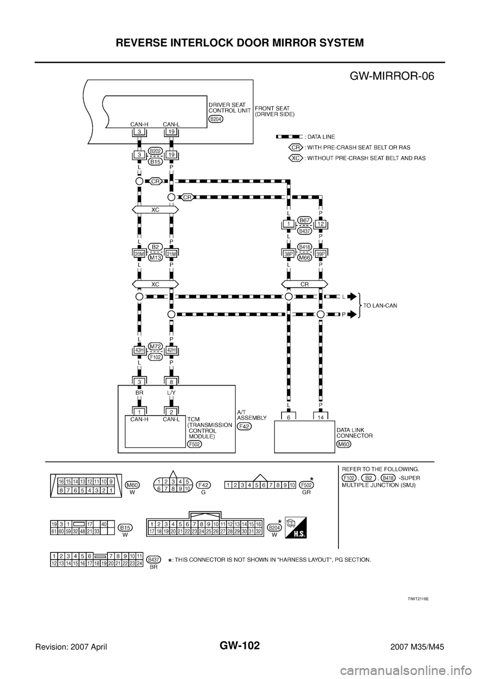 INFINITI M35 2007 Factory Service Manual GW-102
REVERSE INTERLOCK DOOR MIRROR SYSTEM
Revision: 2007 April2007 M35/M45
TIWT2116E INFINITI M35 2007 Factory Service Manual GW-102
REVERSE INTERLOCK DOOR MIRROR SYSTEM
Revision: 2007 April2007 M35/M45
TIWT2116E