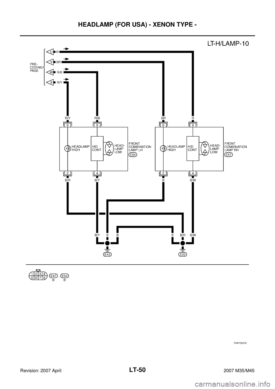 INFINITI M35 2007  Factory Manual PDF LT-50
HEADLAMP (FOR USA) - XENON TYPE -
Revision: 2007 April2007 M35/M45
TKWT5257E 