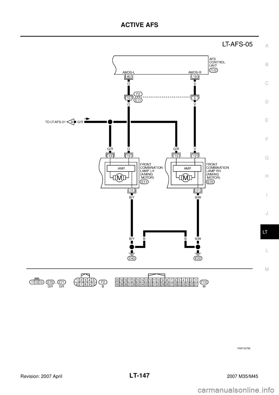 INFINITI M35 2007  Factory Service Manual ACTIVE AFS
LT-147
C
D
E
F
G
H
I
J
L
MA
B
LT
Revision: 2007 April2007 M35/M45
TKWT3378E 