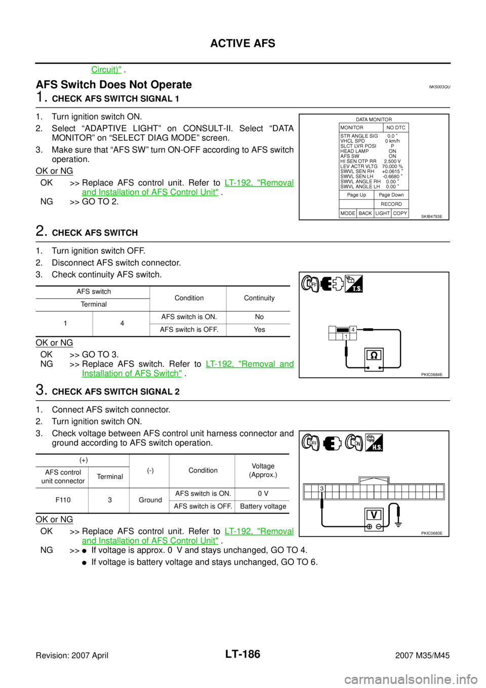 INFINITI M35 2007 Factory Service Manual LT-186
ACTIVE AFS
Revision: 2007 April2007 M35/M45
Circuit)" .
AFS Switch Does Not OperateNKS003QU
1. CHECK AFS SWITCH SIGNAL 1
1. Turn ignition switch ON.
2. Select “ADAPTIVE LIGHT” on CONSULT-II INFINITI M35 2007 Factory Service Manual LT-186
ACTIVE AFS
Revision: 2007 April2007 M35/M45
Circuit)" .
AFS Switch Does Not OperateNKS003QU
1. CHECK AFS SWITCH SIGNAL 1
1. Turn ignition switch ON.
2. Select “ADAPTIVE LIGHT” on CONSULT-II