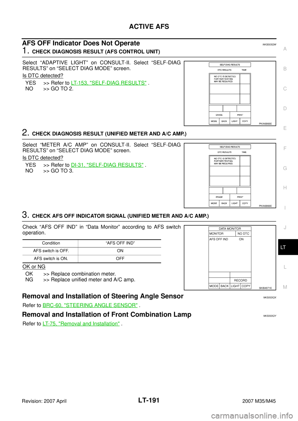 INFINITI M35 2007  Factory Workshop Manual ACTIVE AFS
LT-191
C
D
E
F
G
H
I
J
L
MA
B
LT
Revision: 2007 April2007 M35/M45
AFS OFF Indicator Does Not OperateNKS003QW
1. CHECK DIAGNOSIS RESULT (AFS CONTROL UNIT)
Select “ADAPTIVE LIGHT” on CONS