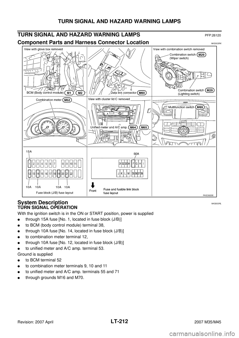 INFINITI M35 2007  Factory Service Manual LT-212
TURN SIGNAL AND HAZARD WARNING LAMPS
Revision: 2007 April2007 M35/M45
TURN SIGNAL AND HAZARD WARNING LAMPSPFP:26120
Component Parts and Harness Connector LocationNKS003RK
System DescriptionNKS0