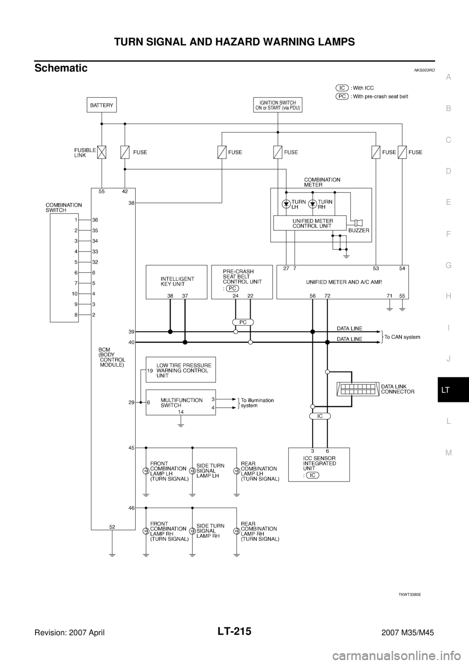 INFINITI M35 2007  Factory Service Manual TURN SIGNAL AND HAZARD WARNING LAMPS
LT-215
C
D
E
F
G
H
I
J
L
MA
B
LT
Revision: 2007 April2007 M35/M45
SchematicNKS003RO
TKWT3380E 