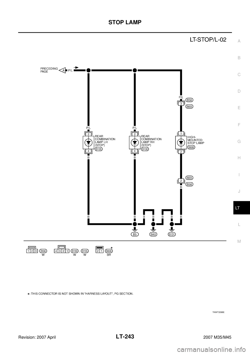 INFINITI M35 2007  Factory Service Manual STOP LAMP
LT-243
C
D
E
F
G
H
I
J
L
MA
B
LT
Revision: 2007 April2007 M35/M45
TKWT3398E 