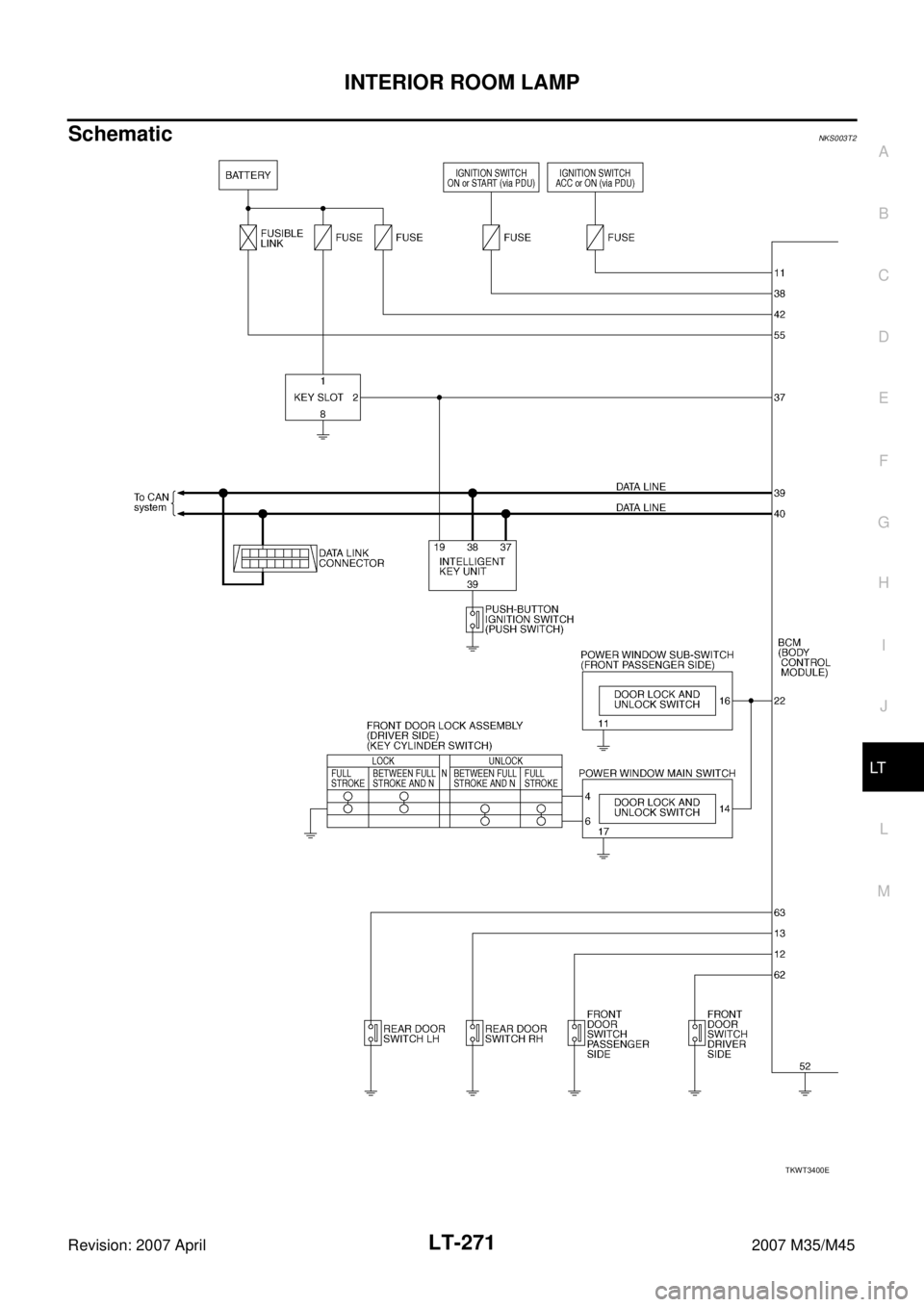 INFINITI M35 2007  Factory Service Manual INTERIOR ROOM LAMP
LT-271
C
D
E
F
G
H
I
J
L
MA
B
LT
Revision: 2007 April2007 M35/M45
SchematicNKS003T2
TKWT3400E 
