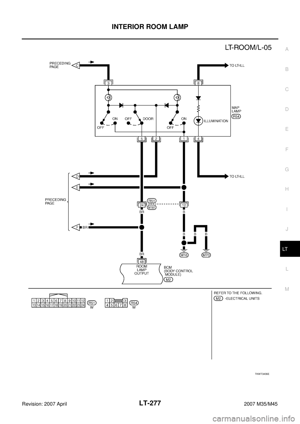 INFINITI M35 2007  Factory Service Manual INTERIOR ROOM LAMP
LT-277
C
D
E
F
G
H
I
J
L
MA
B
LT
Revision: 2007 April2007 M35/M45
TKWT3406E 