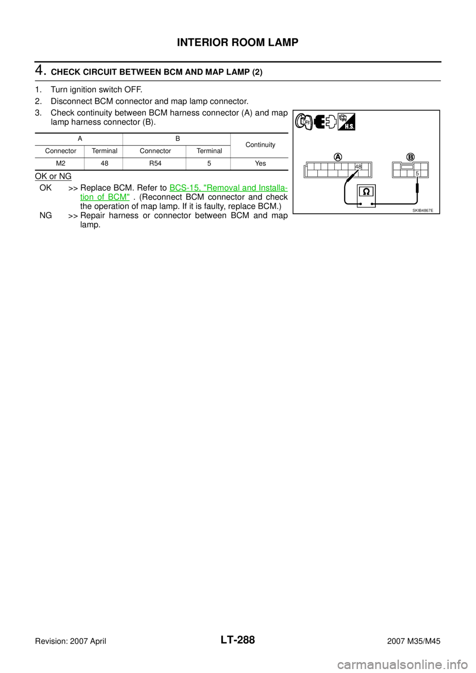 INFINITI M35 2007 Factory Service Manual LT-288
INTERIOR ROOM LAMP
Revision: 2007 April2007 M35/M45
4. CHECK CIRCUIT BETWEEN BCM AND MAP LAMP (2)
1. Turn ignition switch OFF.
2. Disconnect BCM connector and map lamp connector.
3. Check conti INFINITI M35 2007 Factory Service Manual LT-288
INTERIOR ROOM LAMP
Revision: 2007 April2007 M35/M45
4. CHECK CIRCUIT BETWEEN BCM AND MAP LAMP (2)
1. Turn ignition switch OFF.
2. Disconnect BCM connector and map lamp connector.
3. Check conti