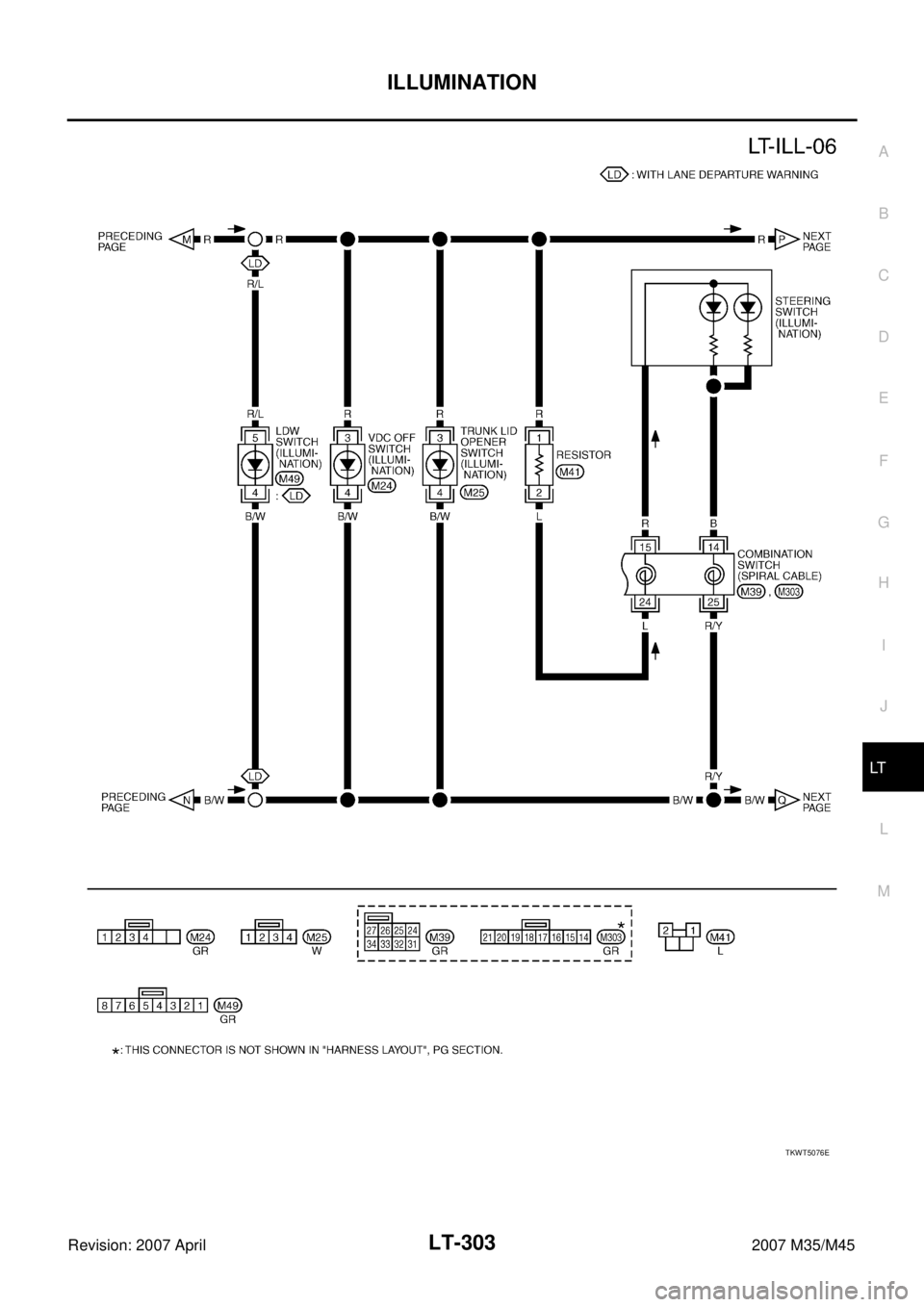 INFINITI M35 2007 Factory Service Manual ILLUMINATION
LT-303
C
D
E
F
G
H
I
J
L
MA
B
LT
Revision: 2007 April2007 M35/M45
TKWT5076E INFINITI M35 2007 Factory Service Manual ILLUMINATION
LT-303
C
D
E
F
G
H
I
J
L
MA
B
LT
Revision: 2007 April2007 M35/M45
TKWT5076E