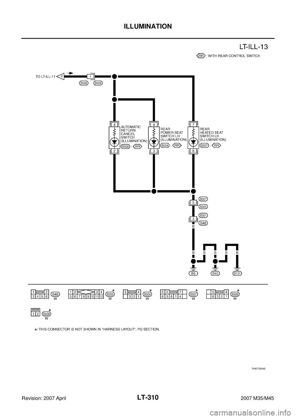 INFINITI M35 2007 Factory Service Manual LT-310
ILLUMINATION
Revision: 2007 April2007 M35/M45
TKWT3594E INFINITI M35 2007 Factory Service Manual LT-310
ILLUMINATION
Revision: 2007 April2007 M35/M45
TKWT3594E