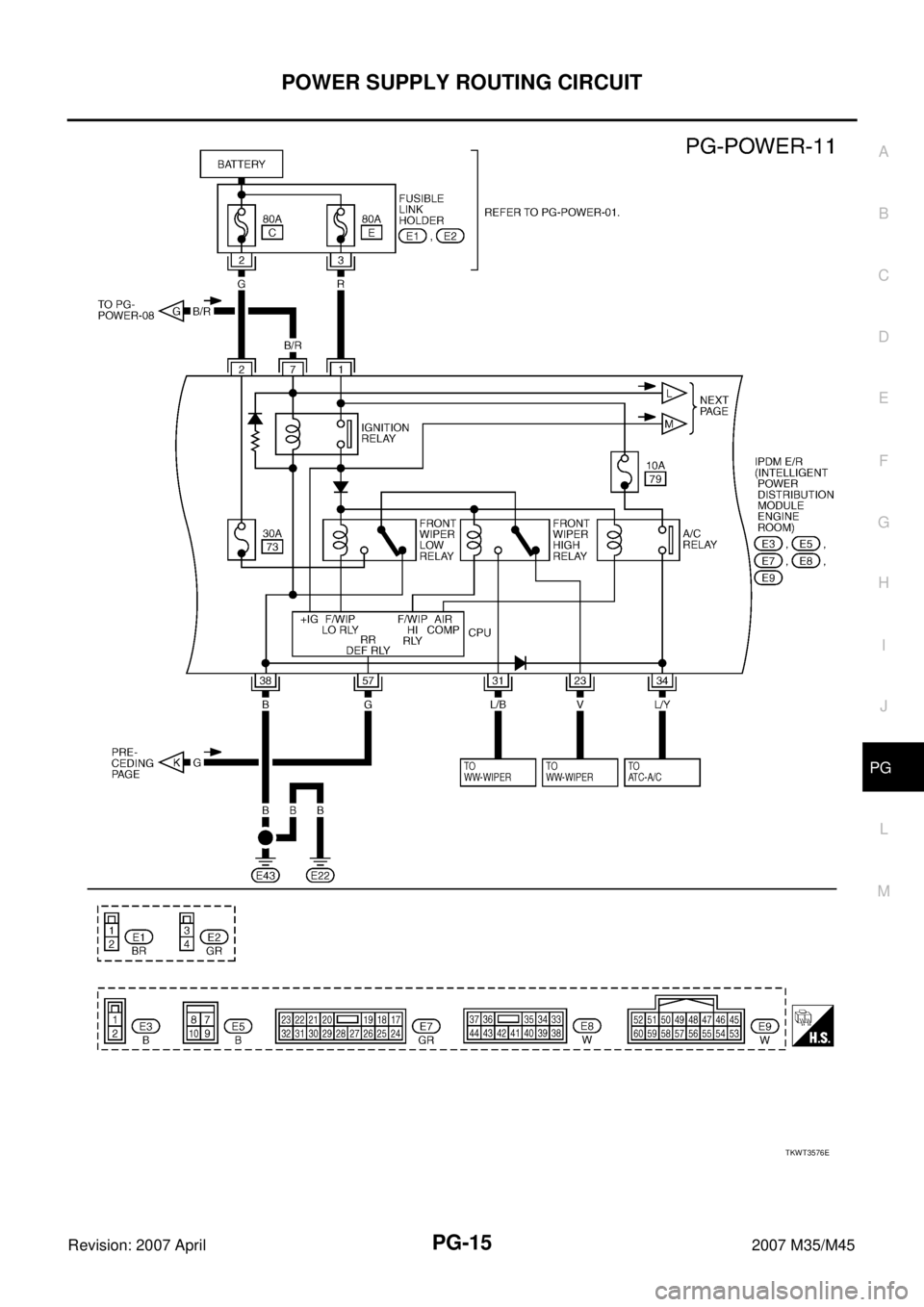 INFINITI M35 2007  Factory Service Manual POWER SUPPLY ROUTING CIRCUIT
PG-15
C
D
E
F
G
H
I
J
L
MA
B
PG
Revision: 2007 April2007 M35/M45
TKWT3576E 