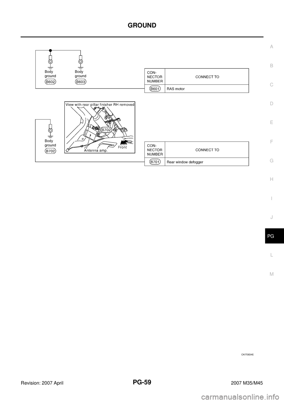 INFINITI M35 2007  Factory Service Manual GROUND
PG-59
C
D
E
F
G
H
I
J
L
MA
B
PG
Revision: 2007 April2007 M35/M45
CKIT0834E 