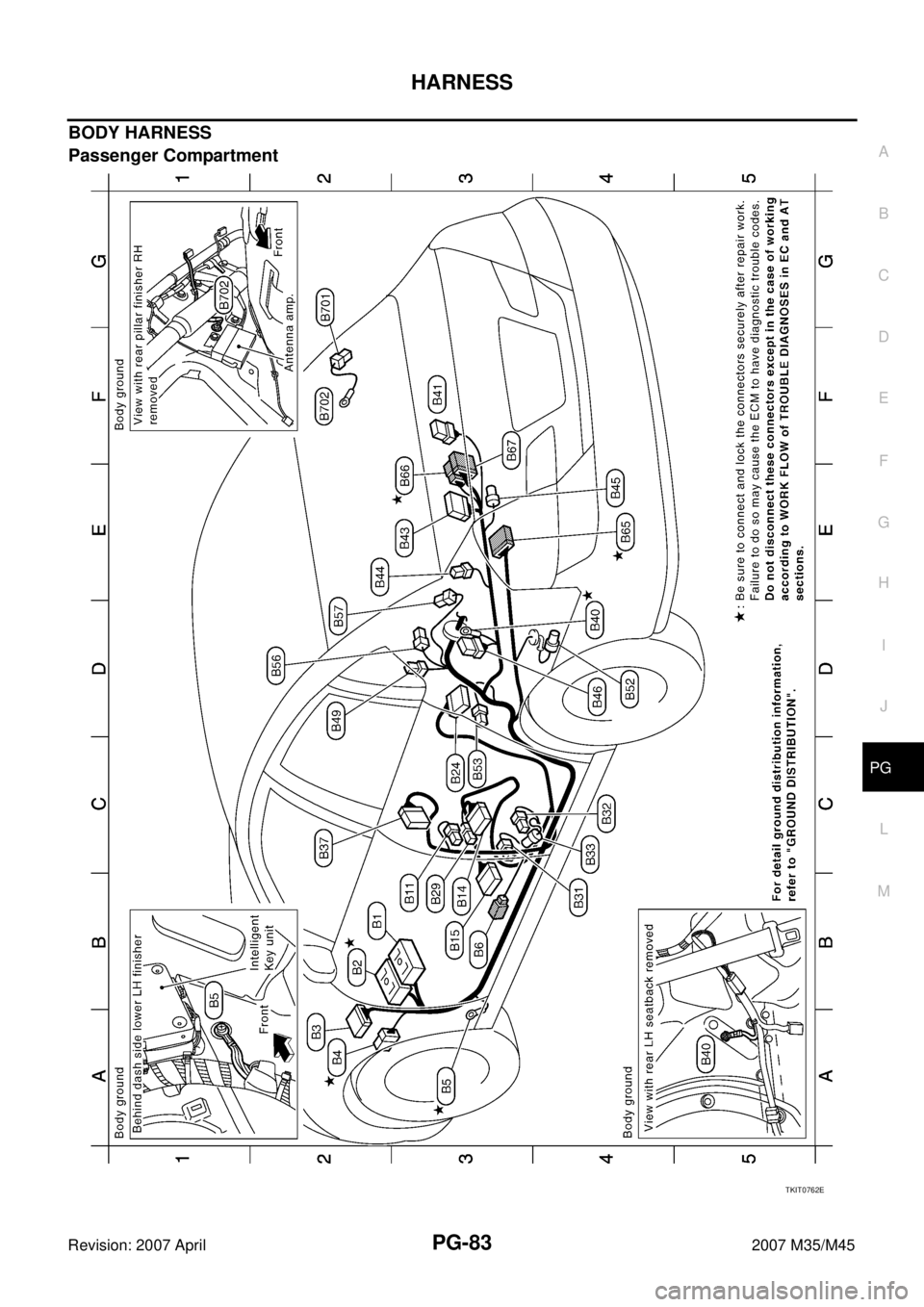 INFINITI M35 2007  Factory Service Manual HARNESS
PG-83
C
D
E
F
G
H
I
J
L
MA
B
PG
Revision: 2007 April2007 M35/M45
BODY HARNESS
Passenger Compartment
TKIT0762E 