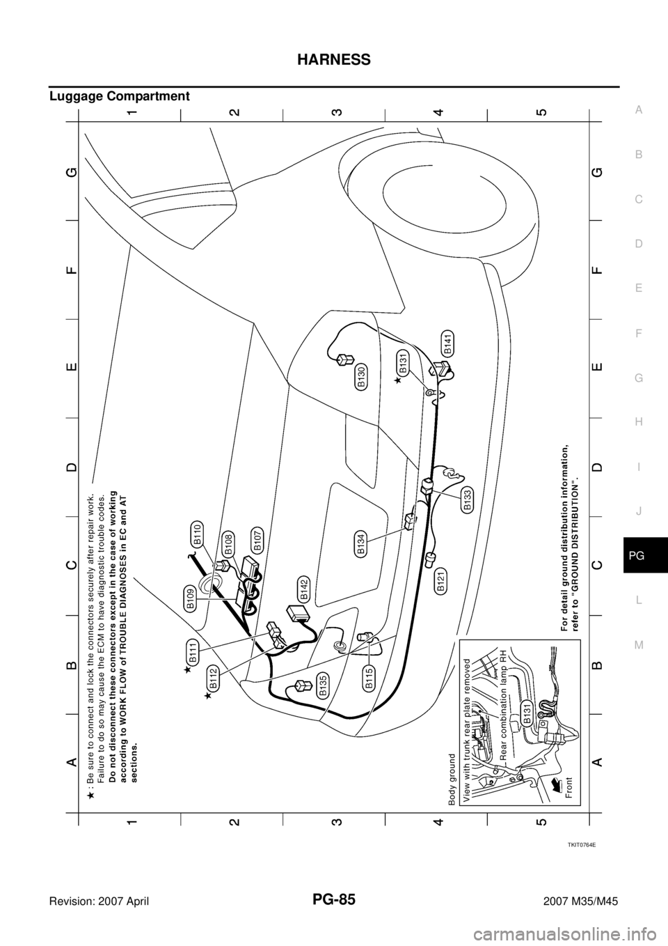 INFINITI M35 2007  Factory Service Manual HARNESS
PG-85
C
D
E
F
G
H
I
J
L
MA
B
PG
Revision: 2007 April2007 M35/M45
Luggage Compartment
TKIT0764E 