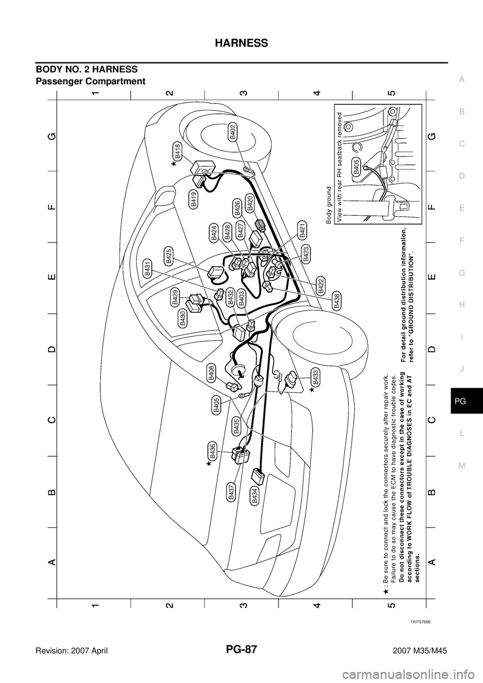 INFINITI M35 2007  Factory Service Manual HARNESS
PG-87
C
D
E
F
G
H
I
J
L
MA
B
PG
Revision: 2007 April2007 M35/M45
BODY NO. 2 HARNESS
Passenger Compartment
TKIT0766E 